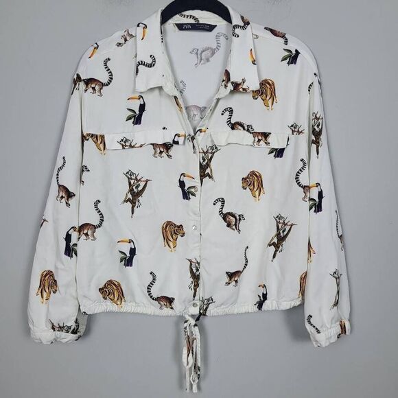 Zara Womens Jungle Animals Top White Large Long Sleeve Cinched Waist Button Up - Picture 1 of 8
